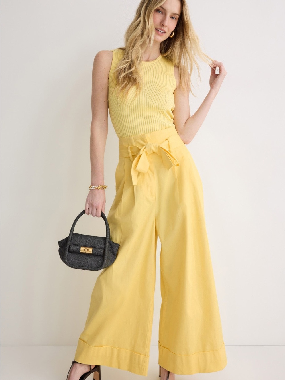 Adam Lippes Sunny Yellow High-Waist Wide-Leg Pants with Self-Tie Waist